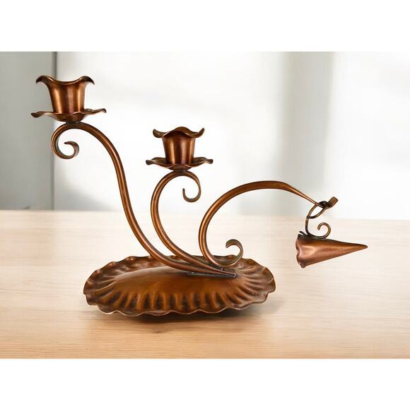 VINTAGE Gregorian Copper Scroll Double Taper MCM Candle Holder w/ Snuffer Decor - Picture 2 of 6